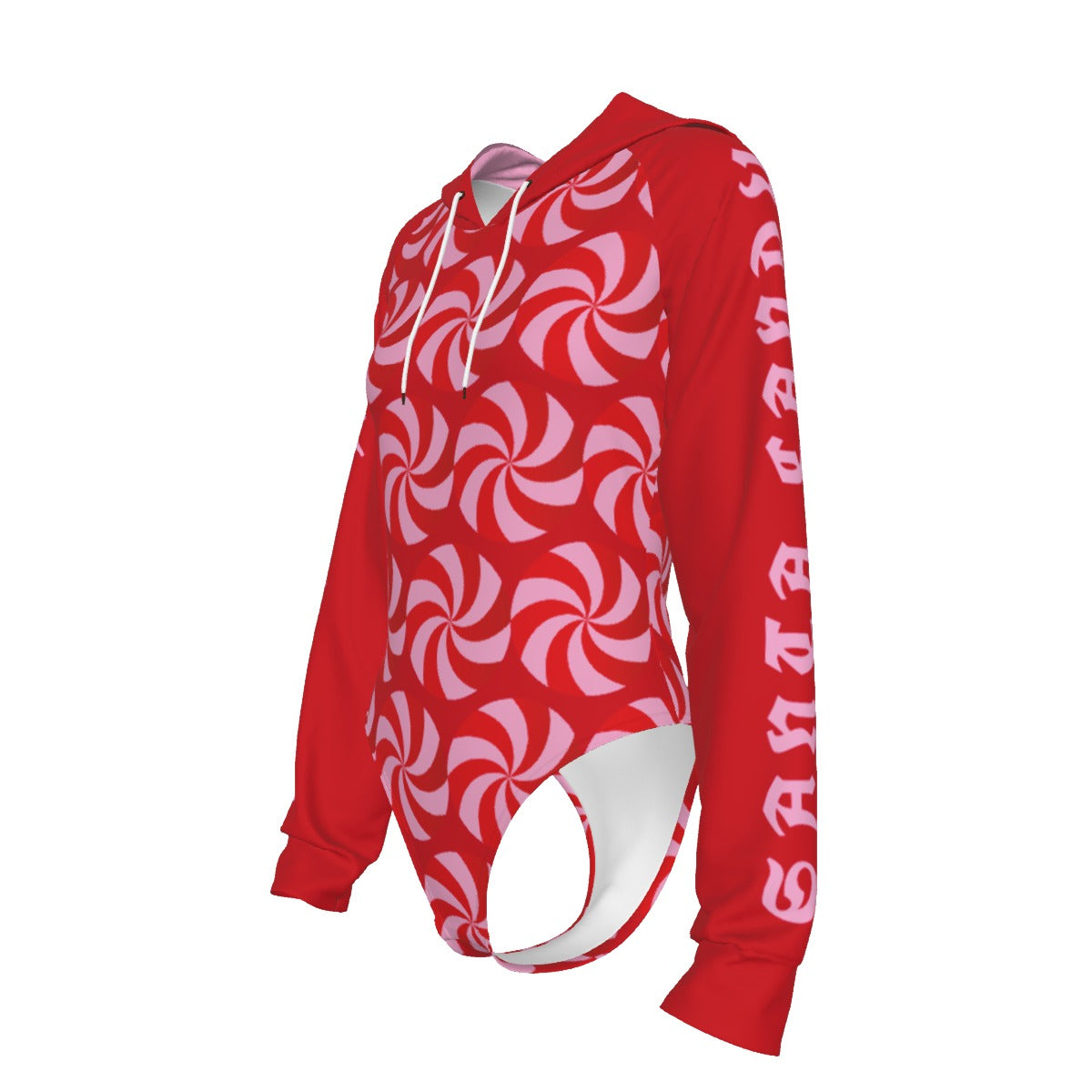 Red and white patterned hoodie with 'Santa' text on sleeves against a white background