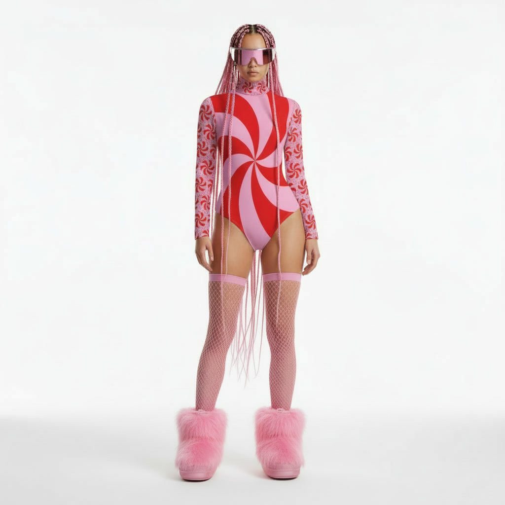 Person wearing a red and white patterned outfit with pink accessories on a white background