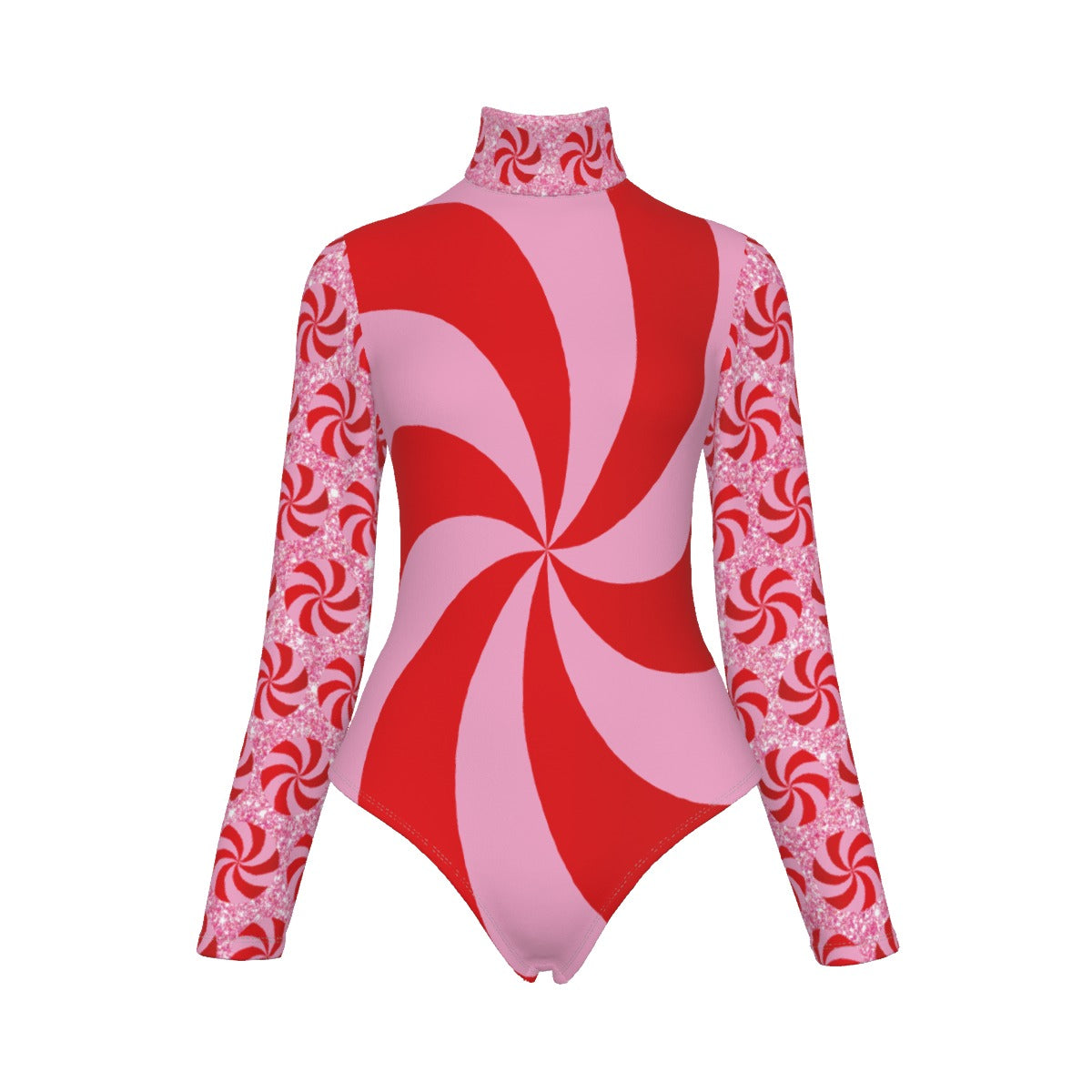 Red and pink spiral patterned leotard on a white background