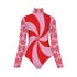 Red and pink spiral patterned leotard on a white background