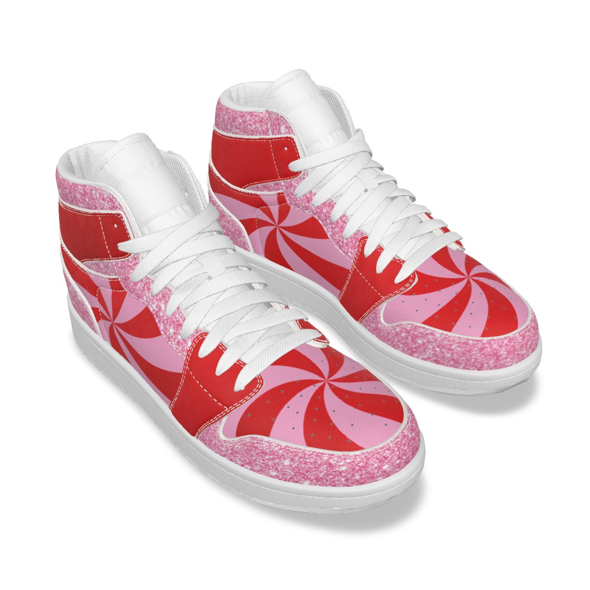 White high-top sneakers with red and pink candy cane pattern on a white background
