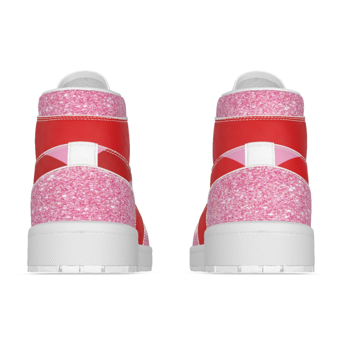 Red and pink high-top sneakers with white soles on a white background