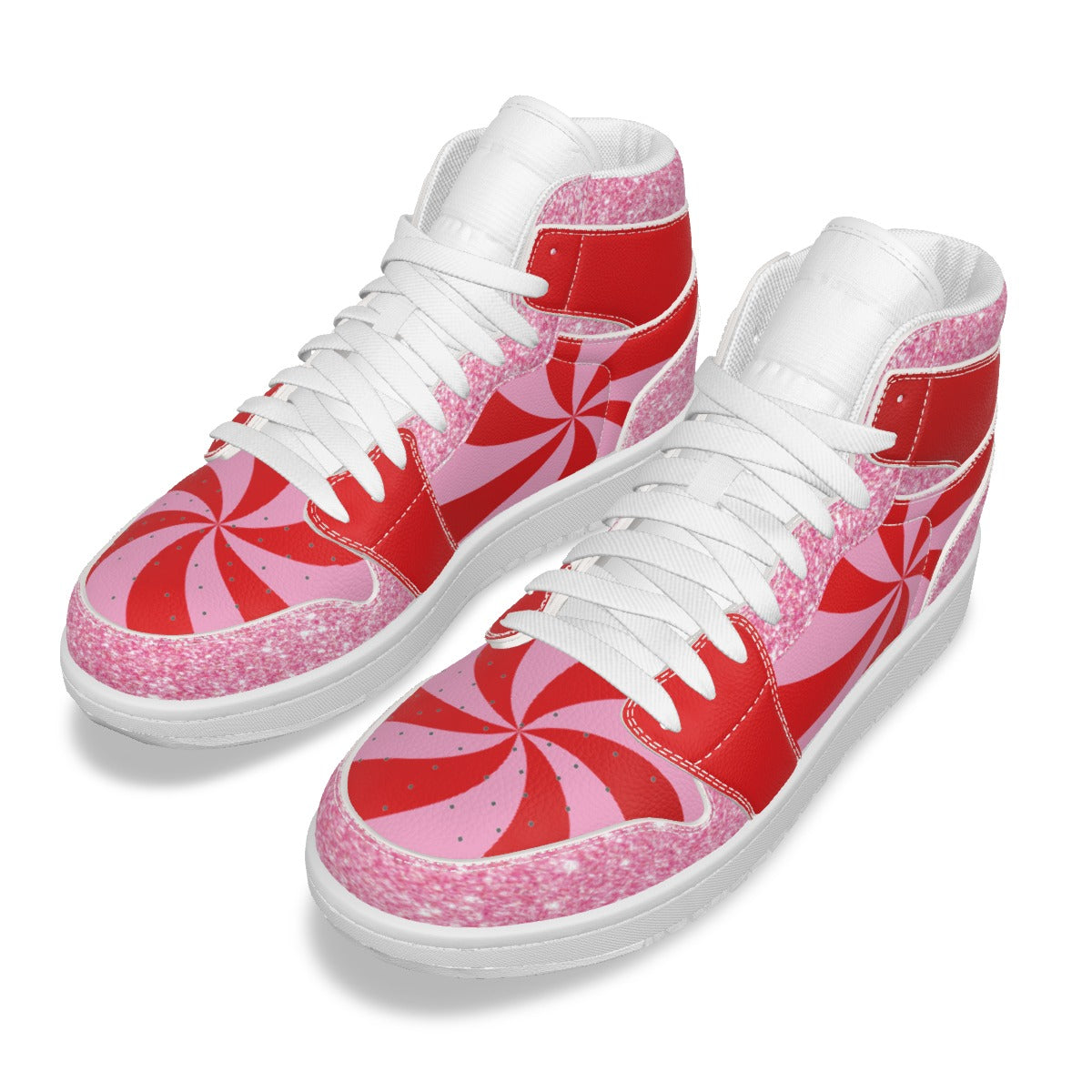 White high-top sneakers with red and pink candy cane pattern on a white background