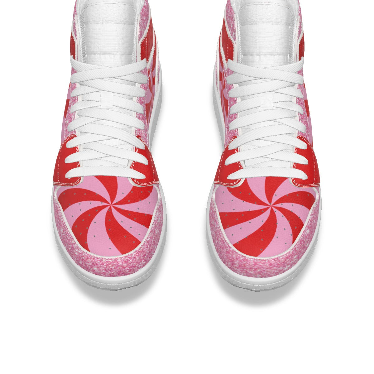 White sneakers with red and pink candy cane pattern on a white background