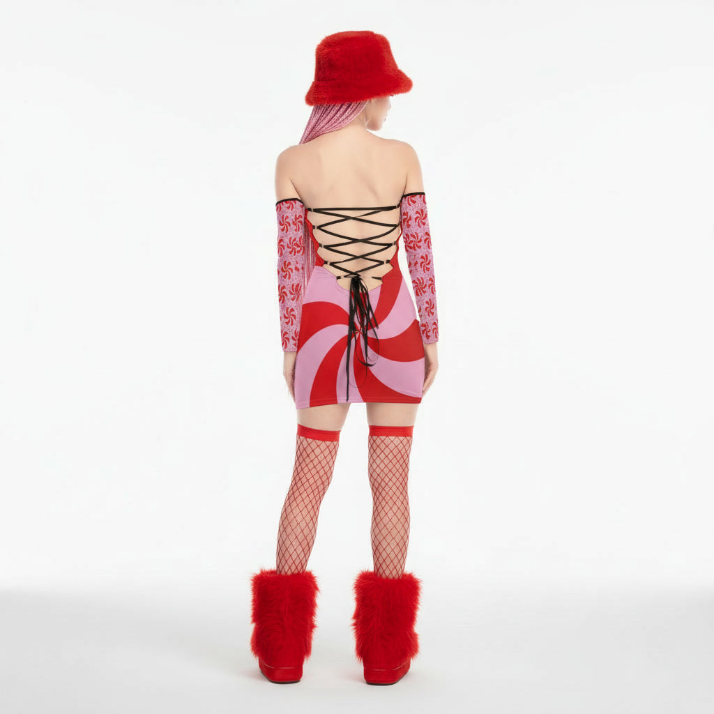 Person wearing a red and white outfit with matching accessories on a white background