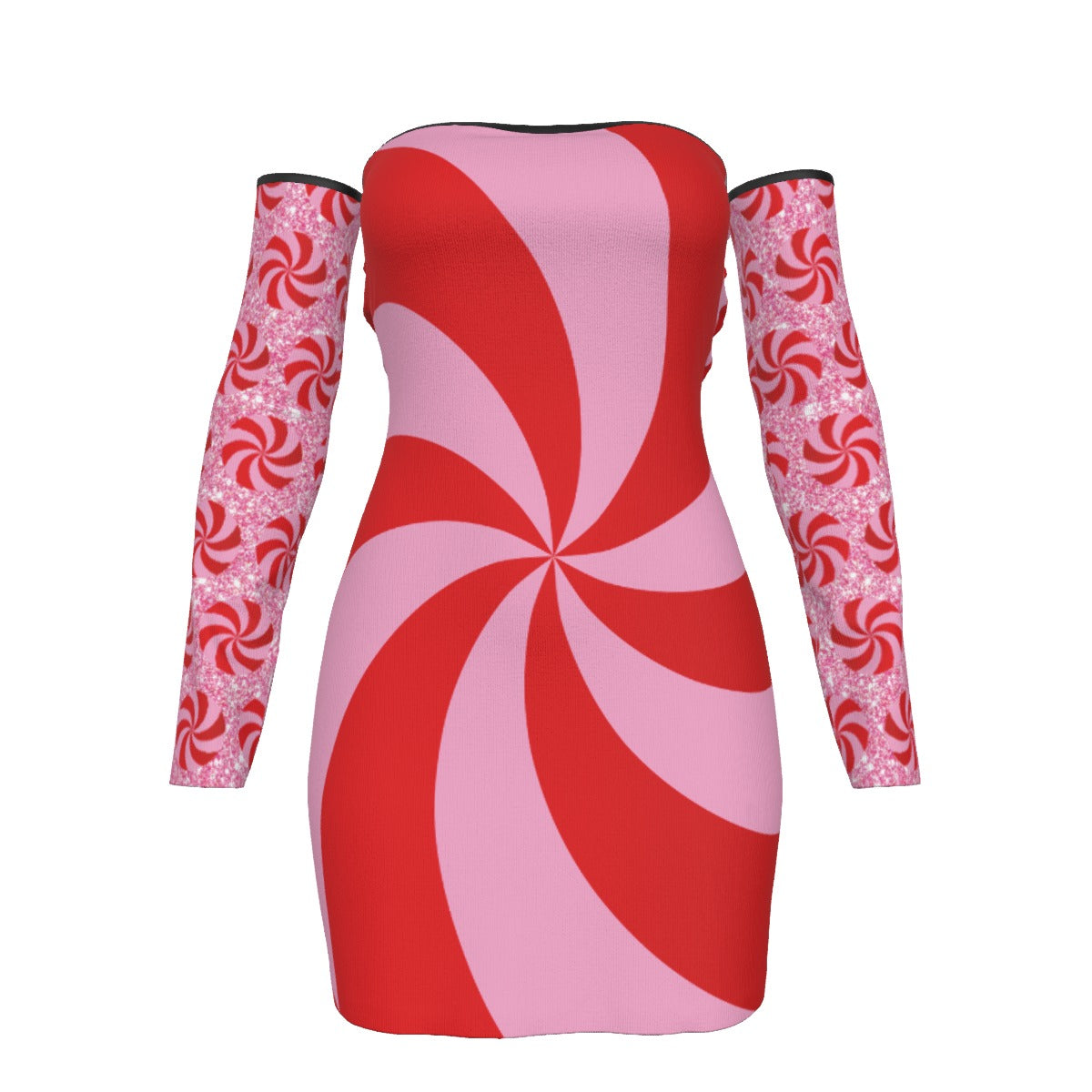 Dress with red and pink candy cane pattern on a white background
