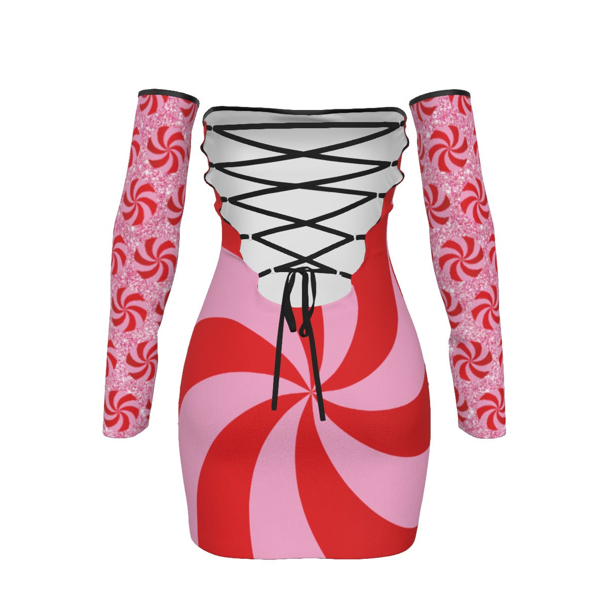 Dress with red and pink candy cane pattern and matching arm sleeves on a white background