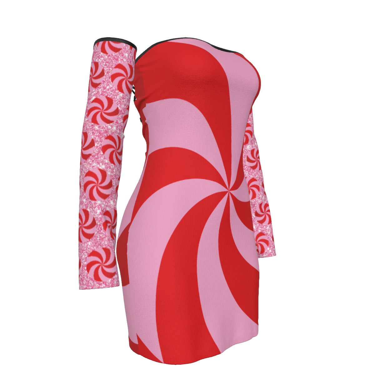 Dress with red and pink candy cane pattern on a white background