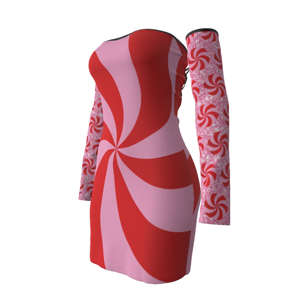 Red and pink dress with candy cane pattern on a white background