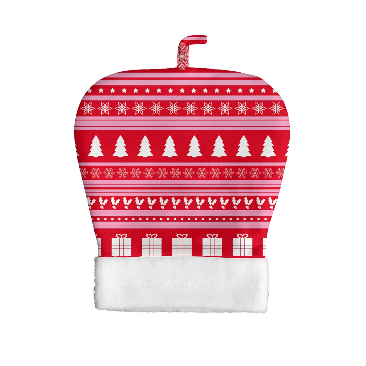 Red and white patterned oven mitt on a white background