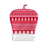 Red and white patterned oven mitt on a white background