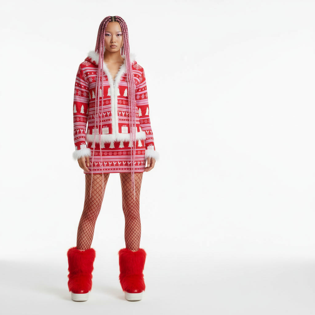 Santa Gift Women's Faux Fur Trim Hooded Jacket | Velvet