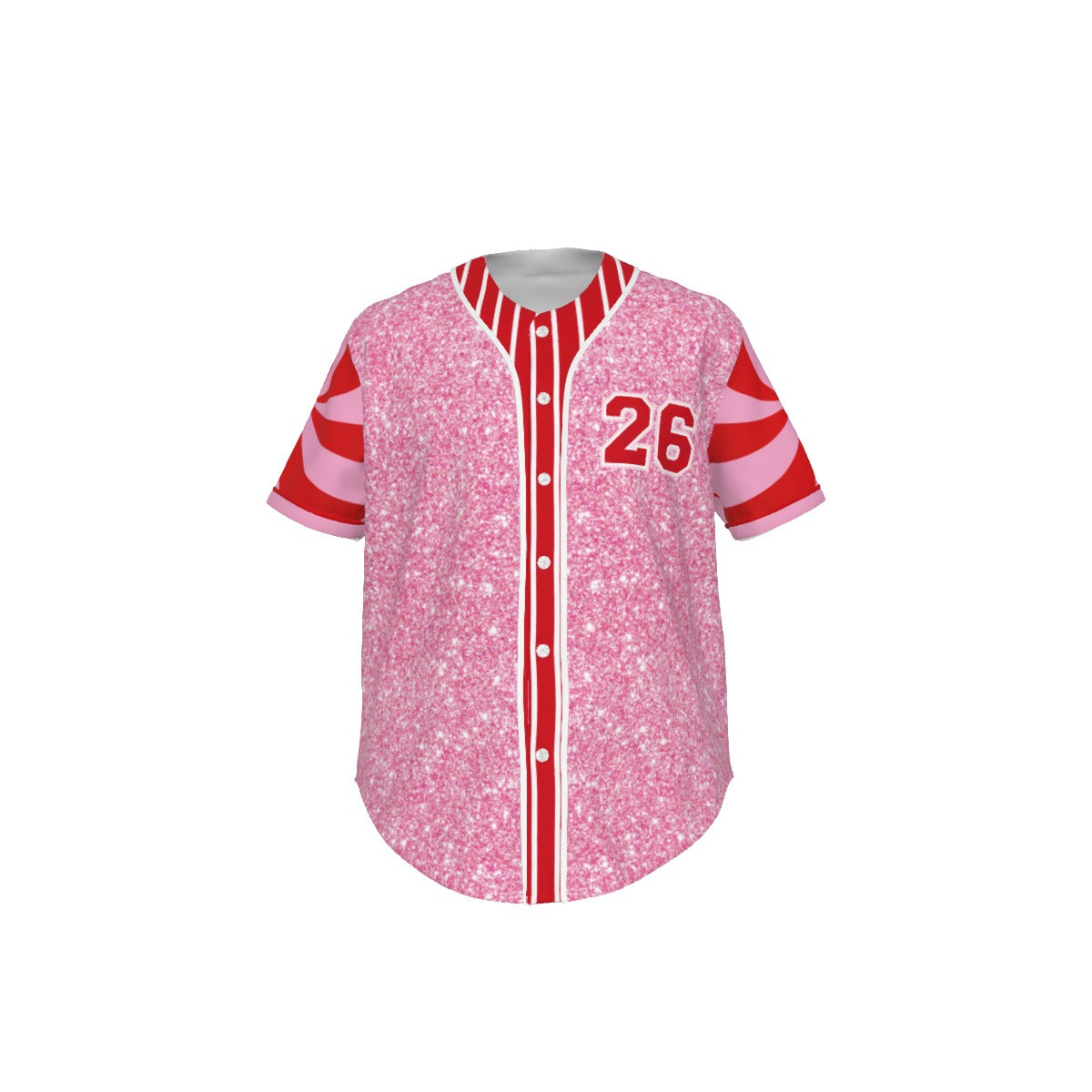 Pink baseball jersey with red accents and number 26 on a white background
