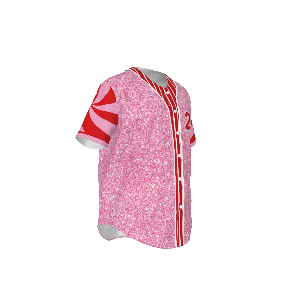 Pink baseball jersey with red accents on a white background