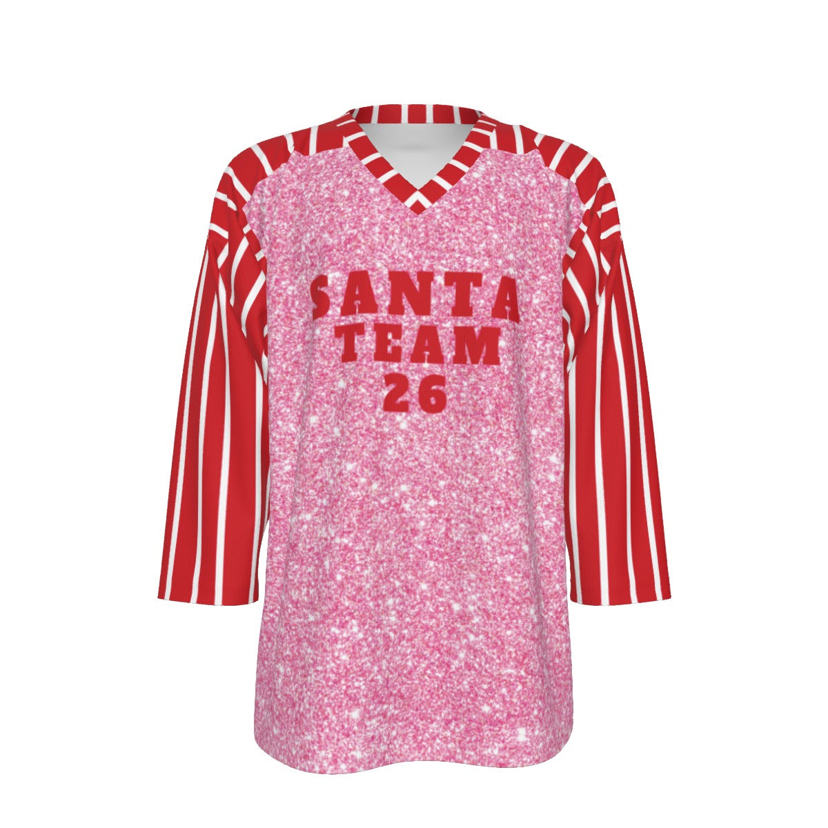Pink and red sports jersey with 'Santa Team 26' text on a white background