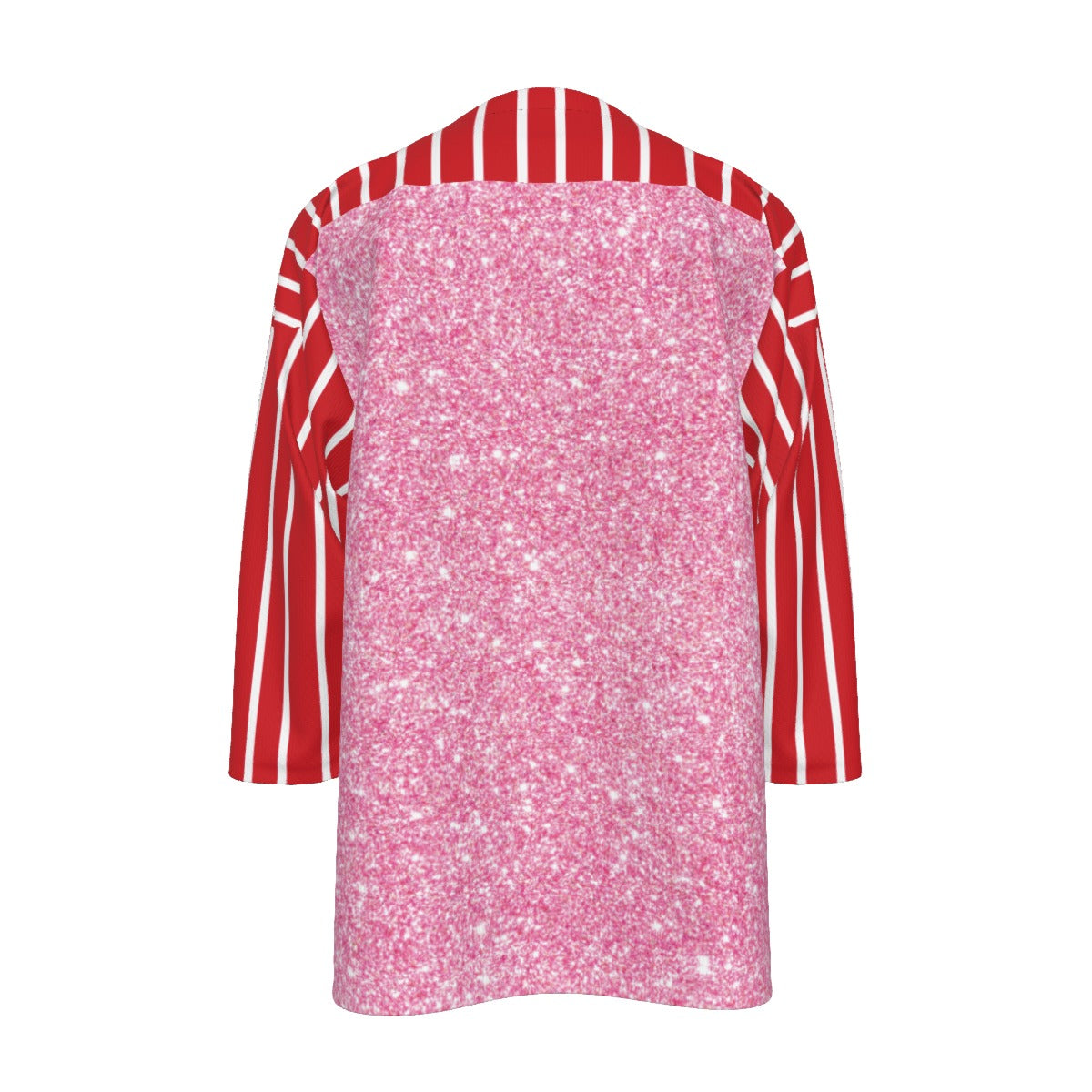 Pink strapless top with red and white striped sleeves on a white background