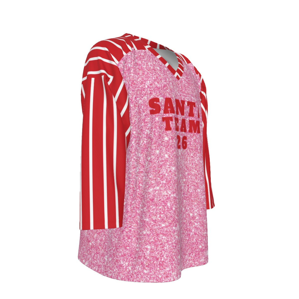 Pink and red sports jersey with 'Santa Team' text on a white background