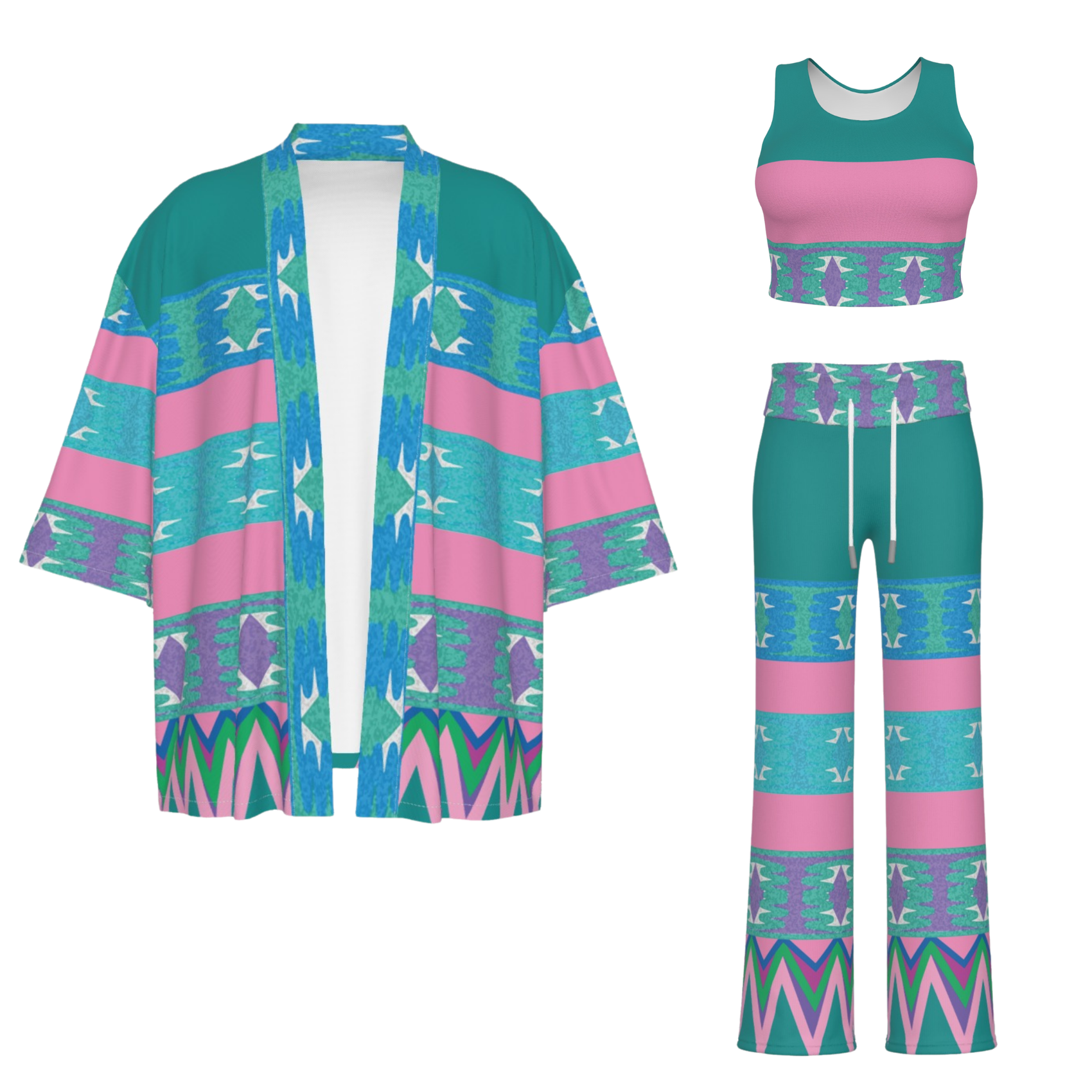 Ocean Vibe Women's Kimono & Crop Tank Top & High-waisted Straight-leg Trousers Set