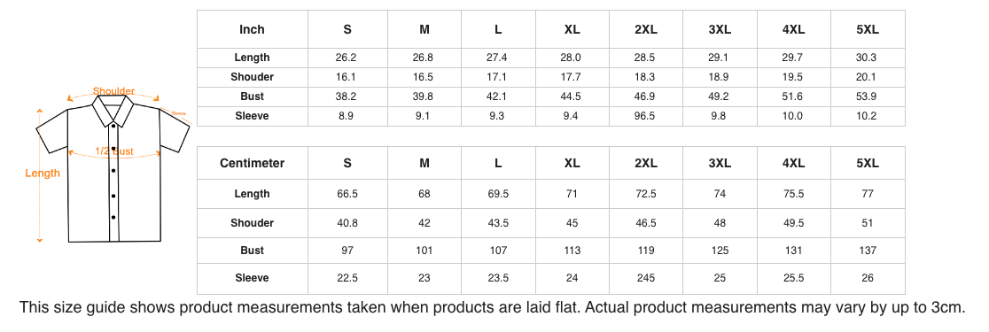 Size chart for shirts with measurements in inches and centimeters.