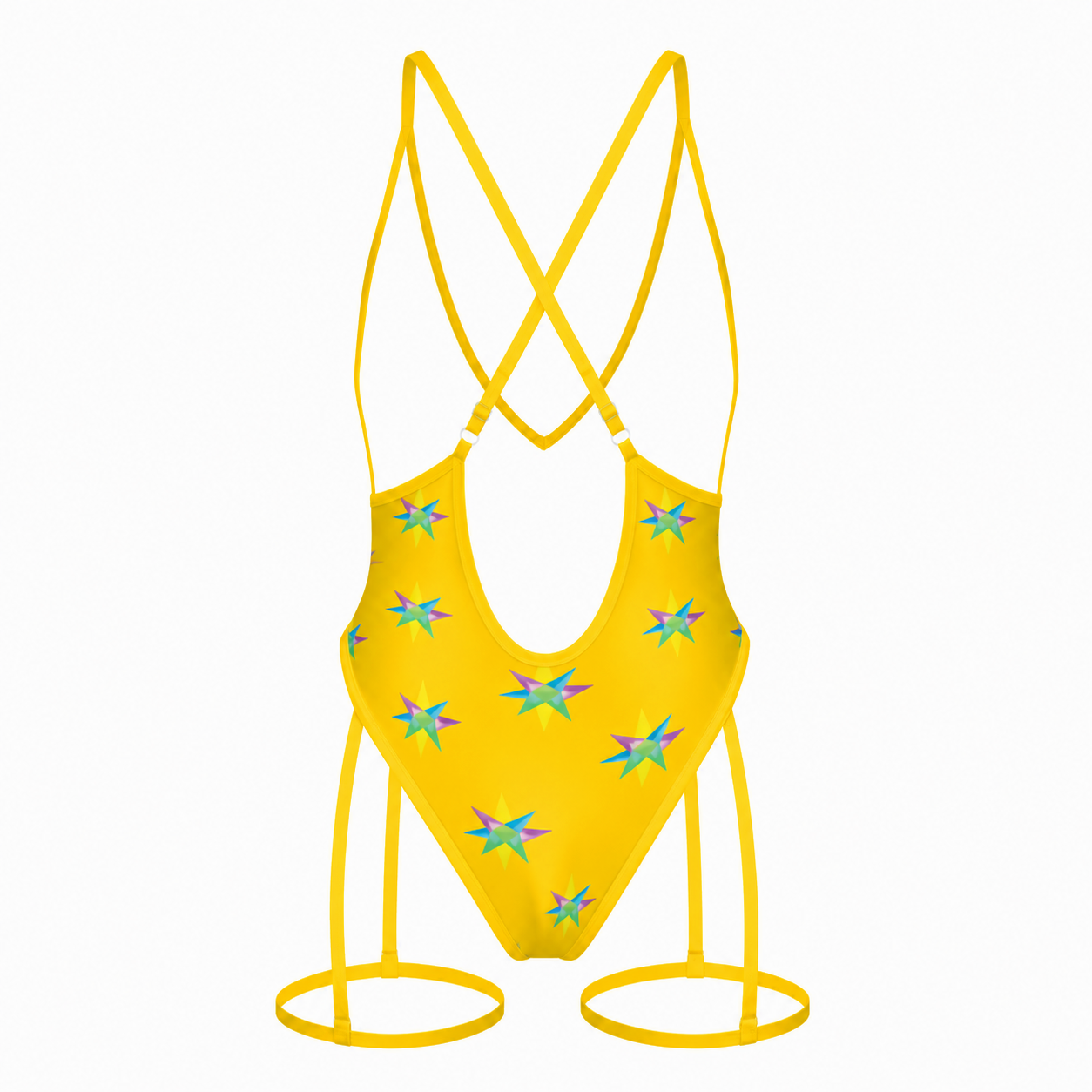 Yellow swimsuit with star patterns on a white background