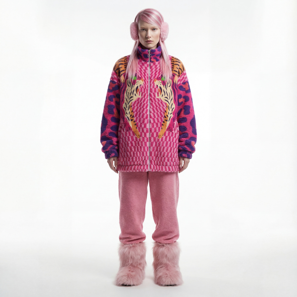 Person wearing a colorful outfit with a pink and purple pattern on a white background