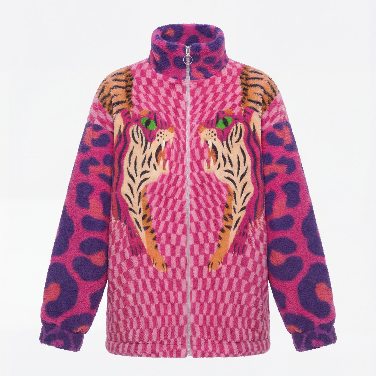 Pink jacket with tiger designs on a white background