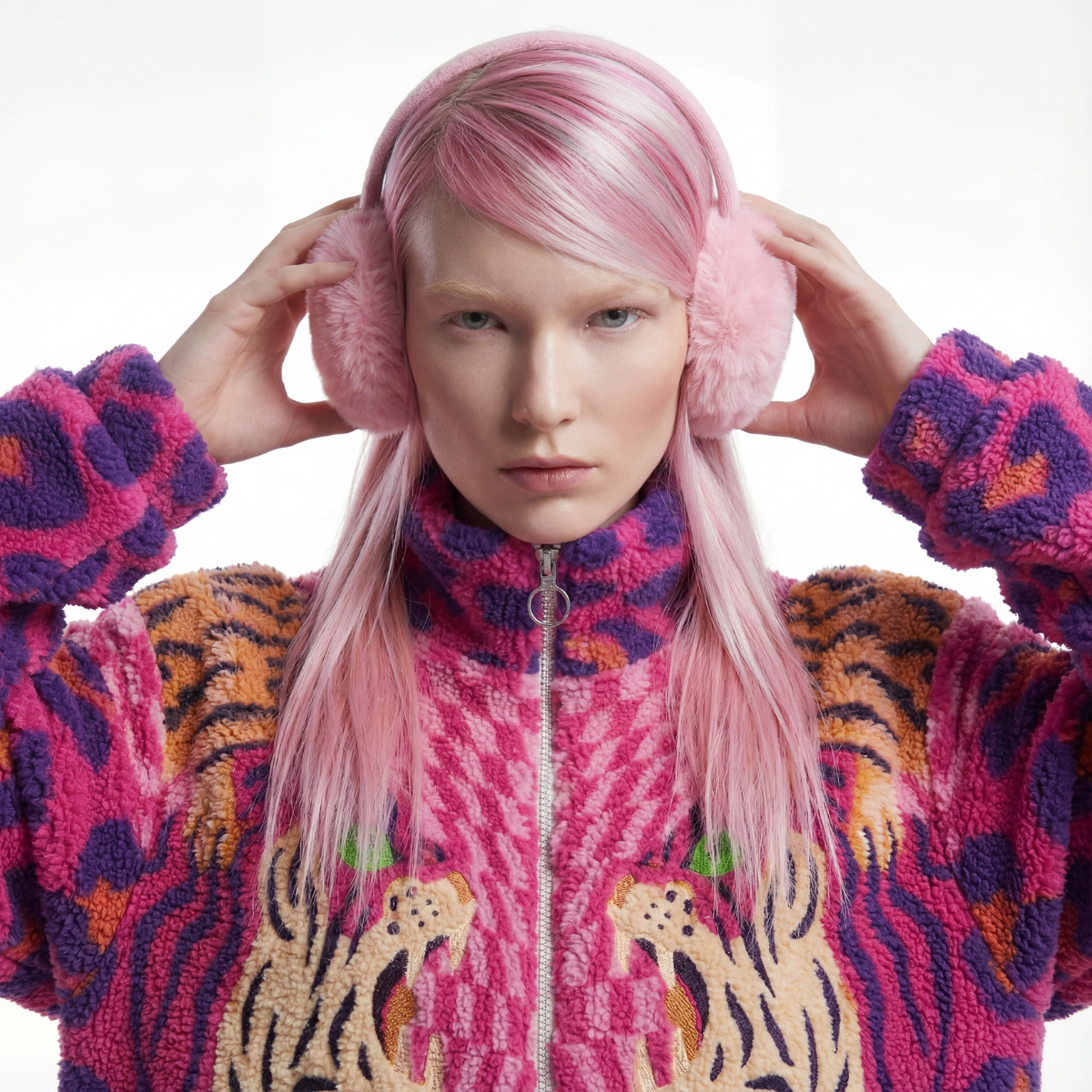 Person wearing a colorful jacket with tiger patterns and pink ear muffs against a white background