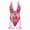 Colorful swimsuit with animal print design on a white background