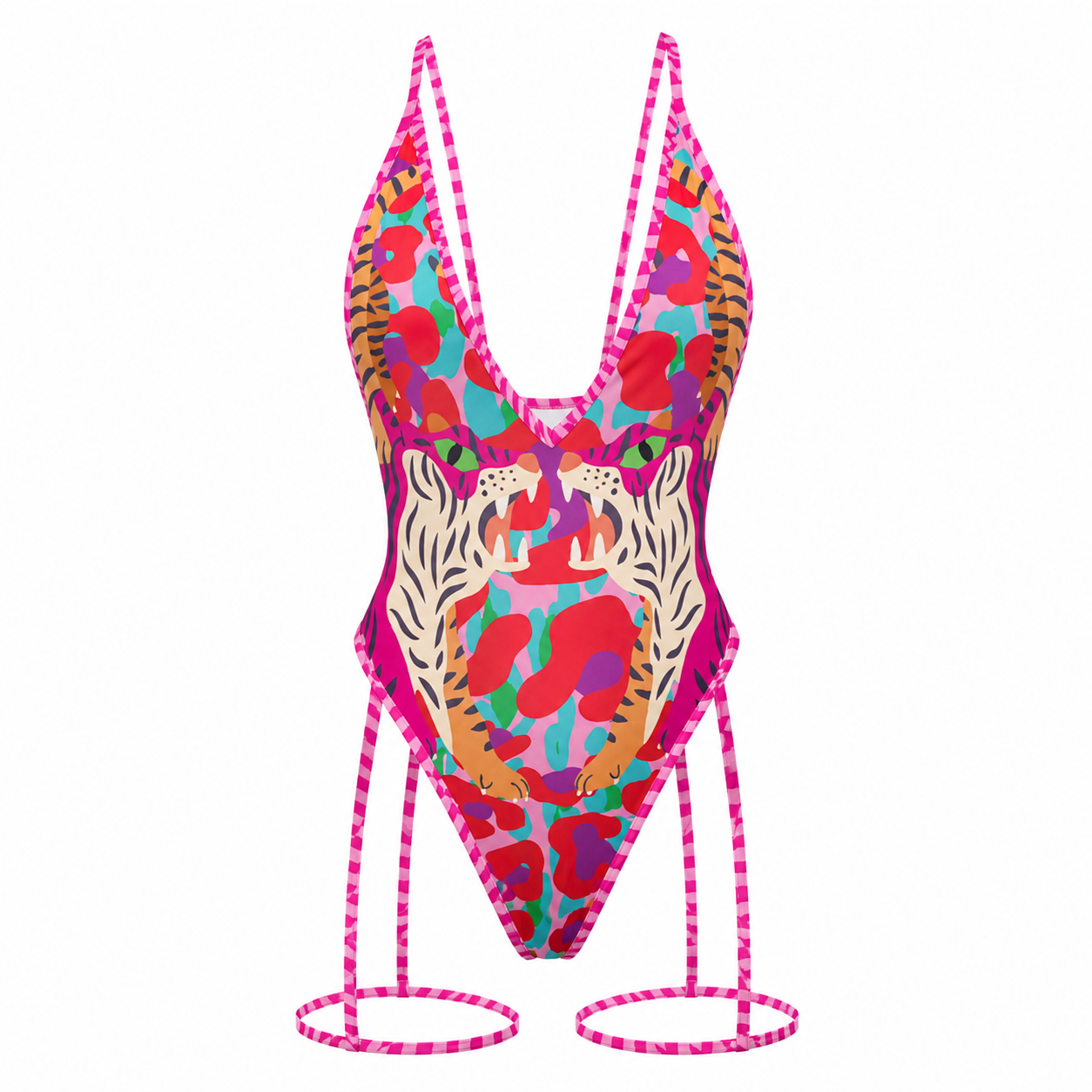 Colorful swimsuit with animal print design on a white background
