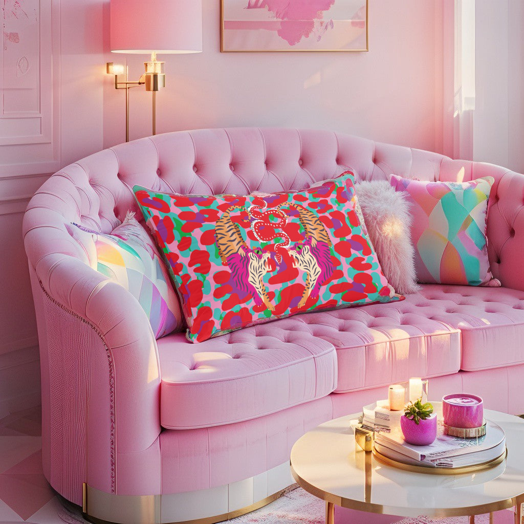 Pink sofa with colorful pillows in a stylish room