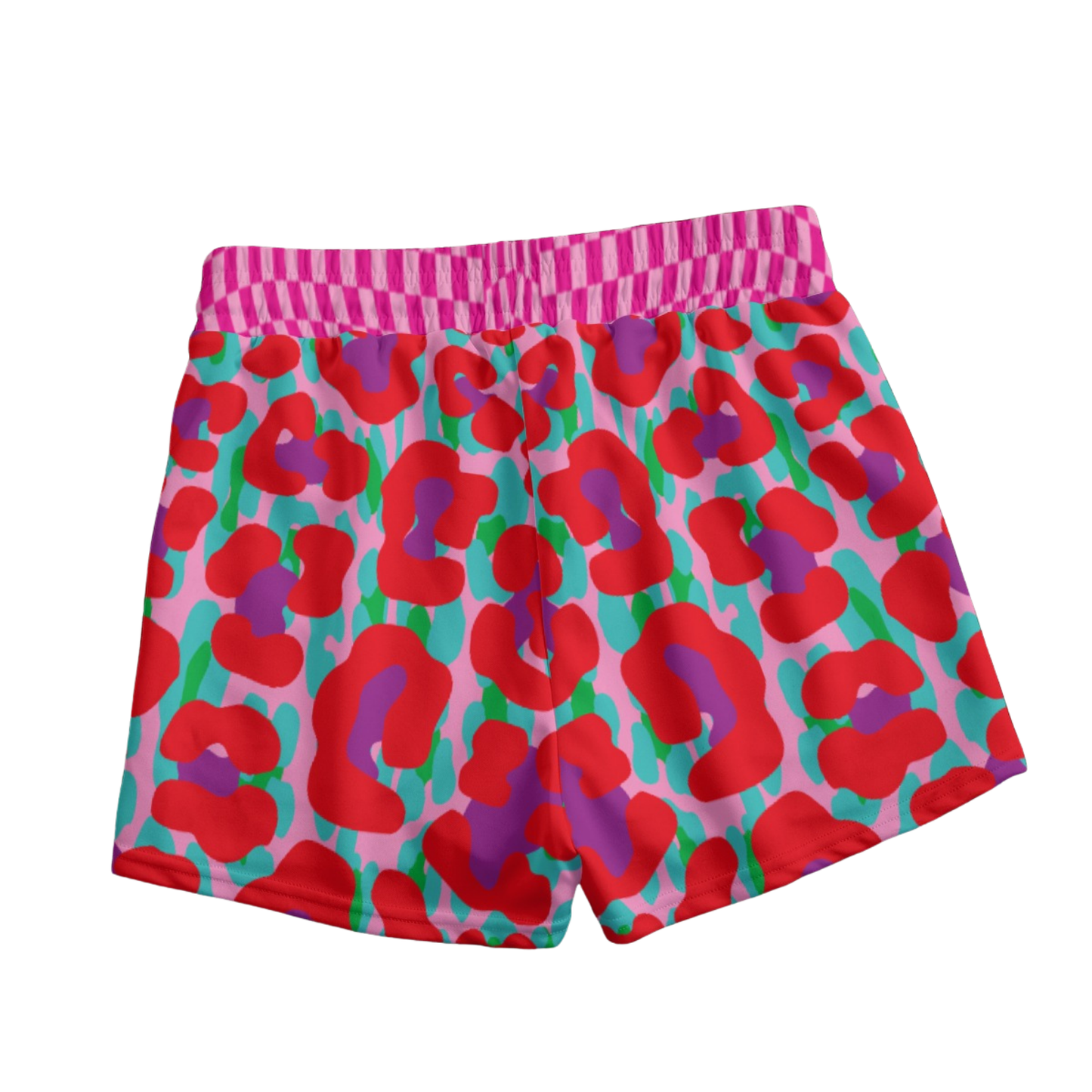 Colorful patterned shorts with a pink waistband on a white background