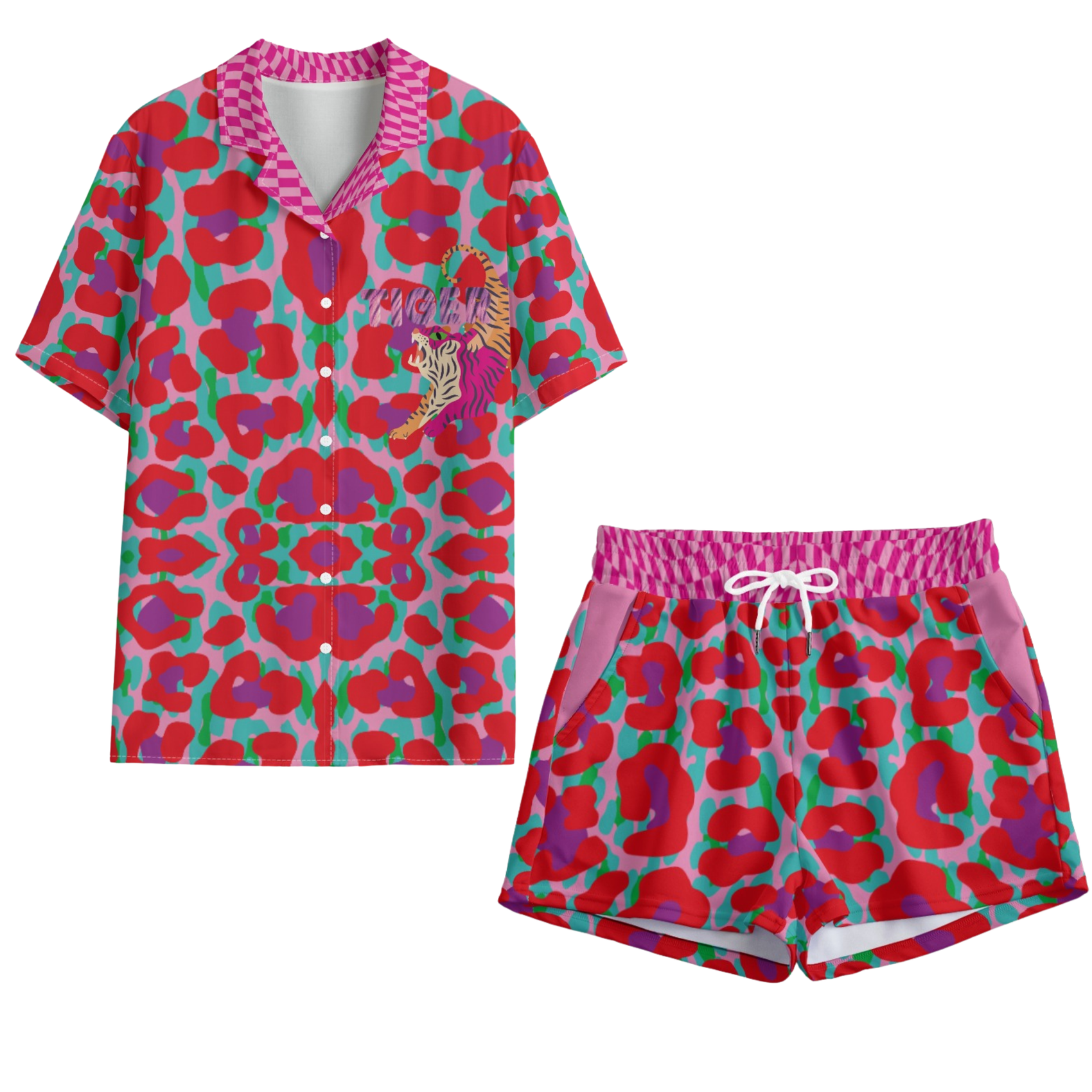 Colorful patterned shirt and shorts set on a white background