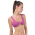 Woman wearing a pink checkered bikini top on a white background