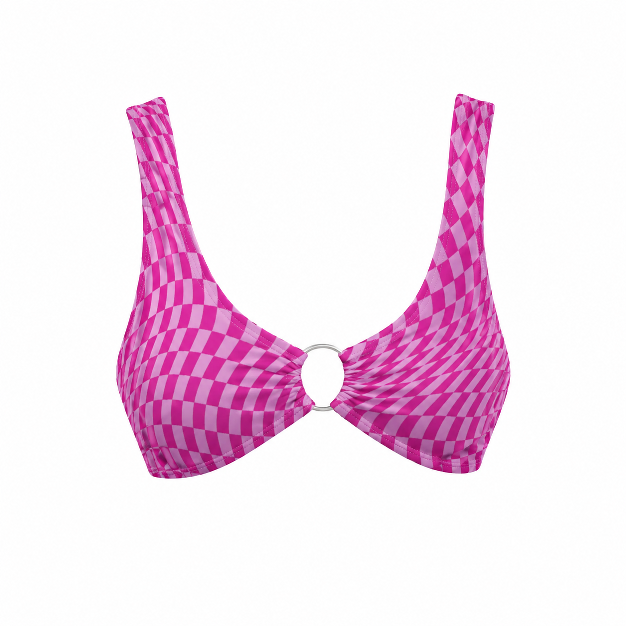 Pink and white checkered bikini top on a white background