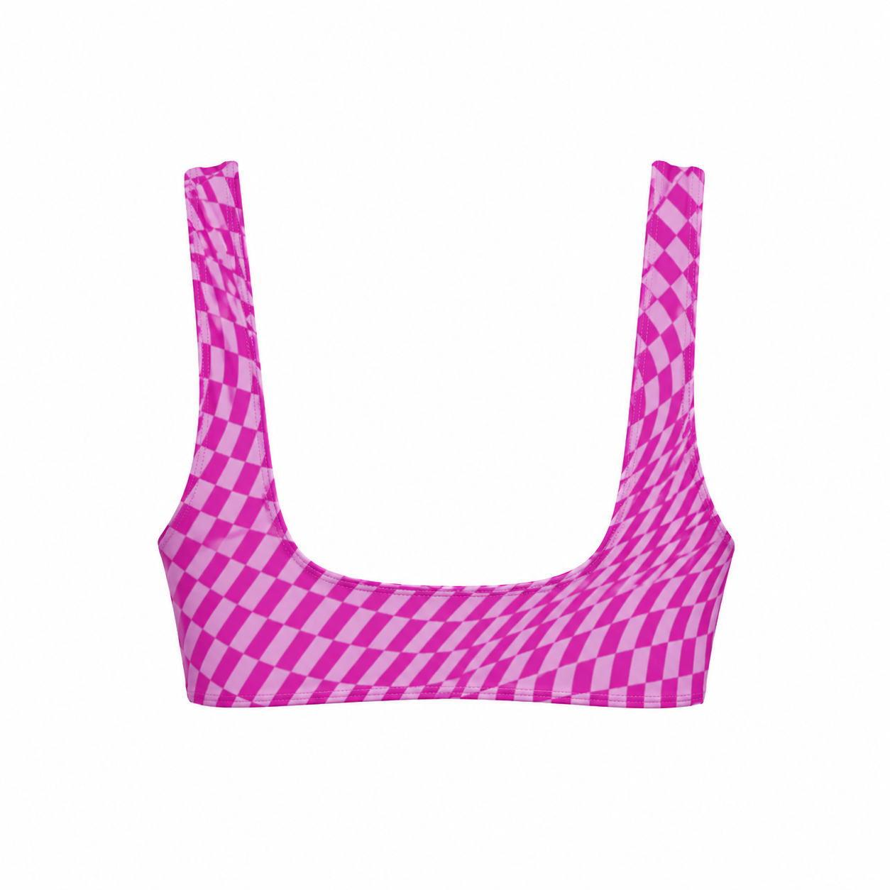 Pink and white checkered bikini top on a white background