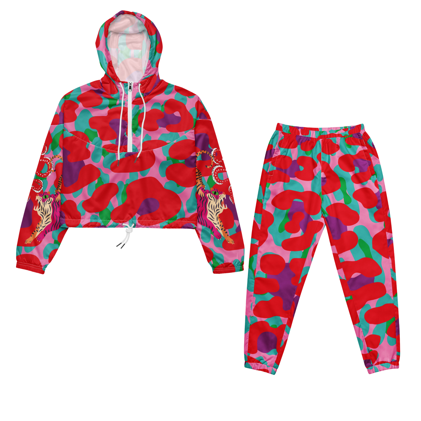 Colorful hoodie and pants set with abstract pattern on a white background