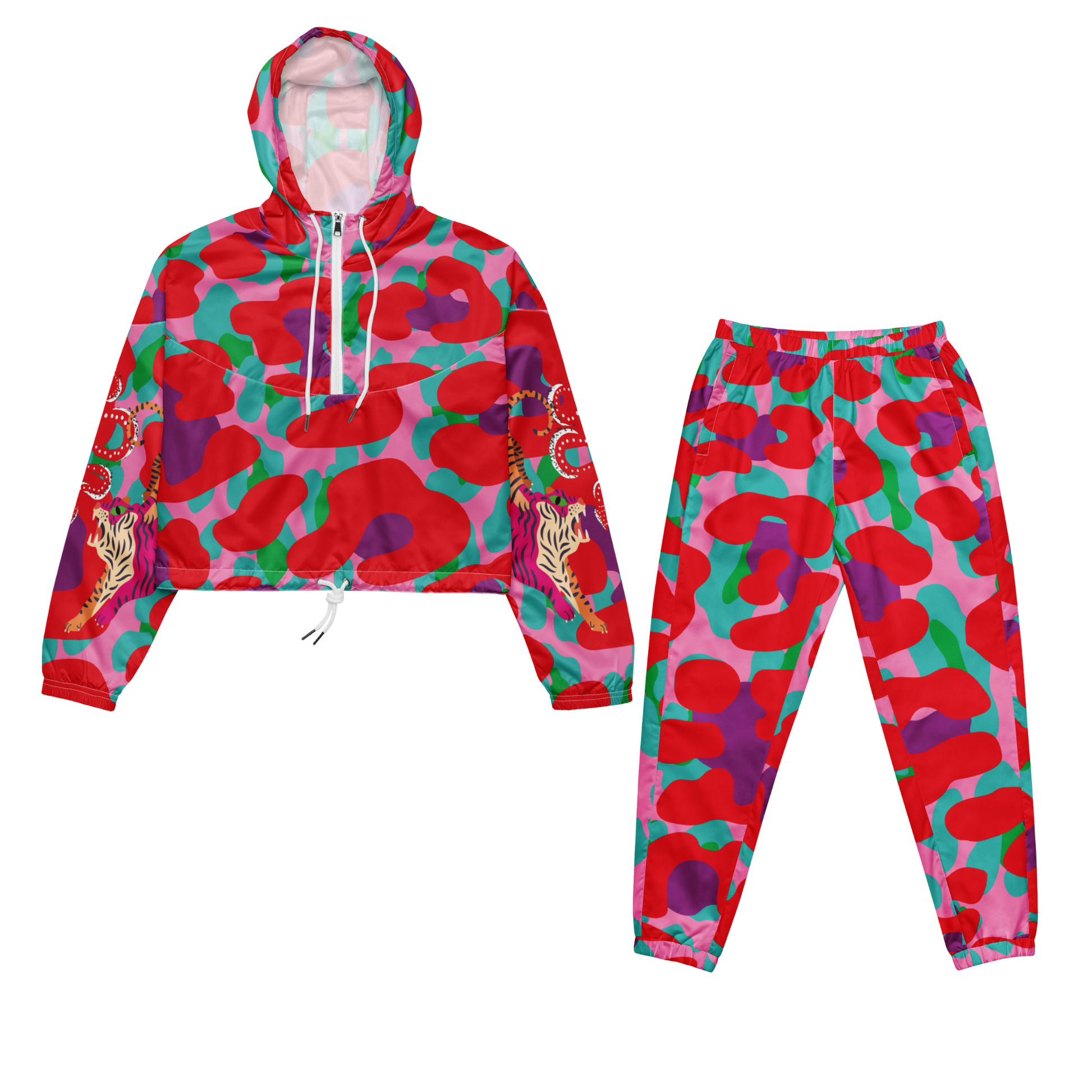Colorful hoodie and pants set with abstract pattern on a white background
