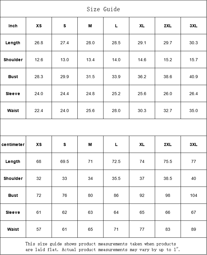 Size guide chart for clothing measurements in inches and centimeters