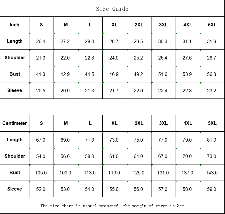 Size chart for clothing measurements in inches and centimeters with labels for length, shoulder, bust, and sleeve.