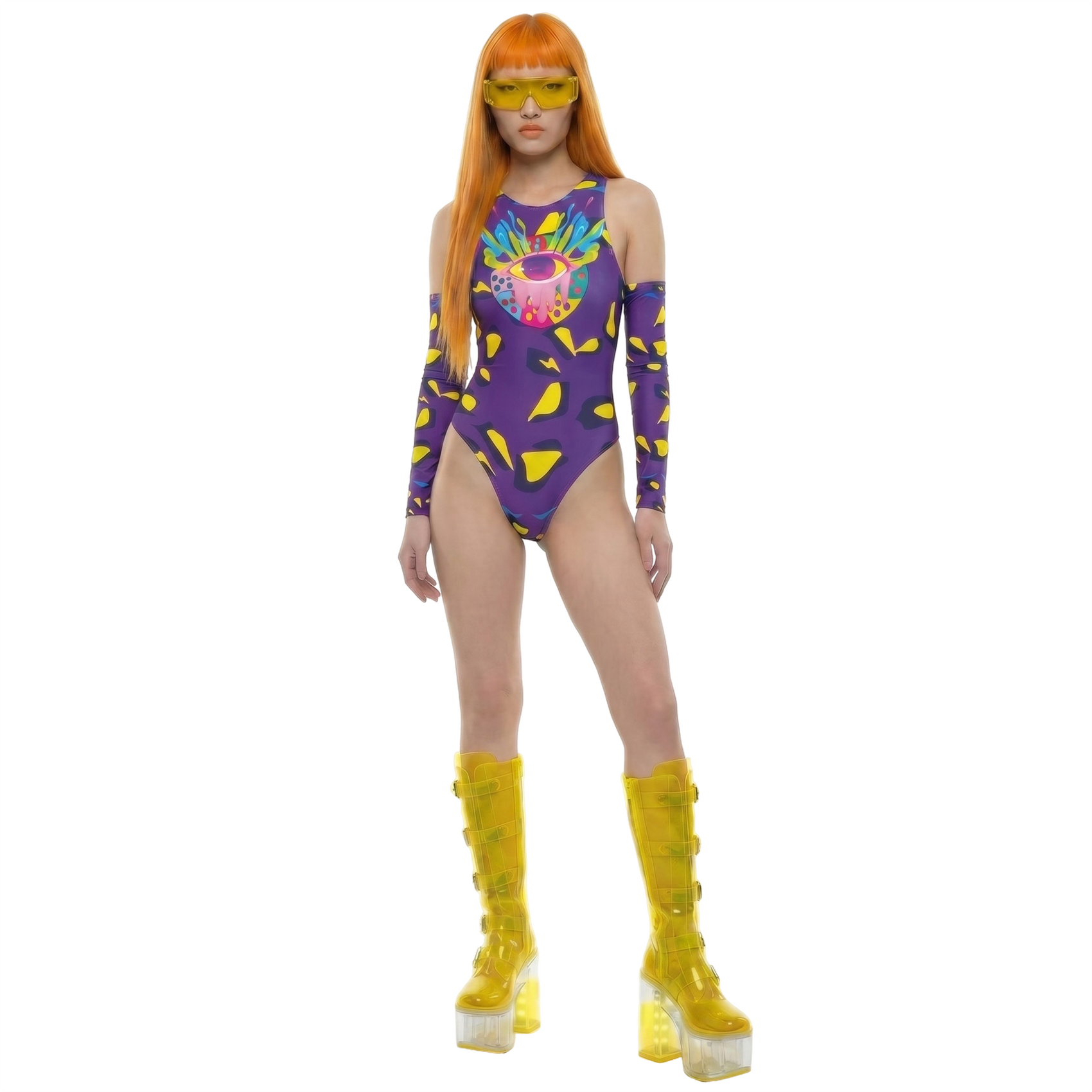 Person wearing a colorful swimsuit with a purple and yellow design on a white background