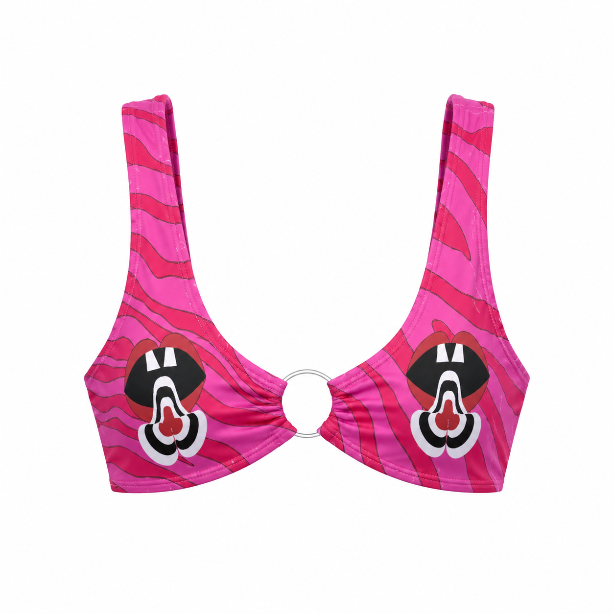 Pink bikini top with black and white designs on a white background