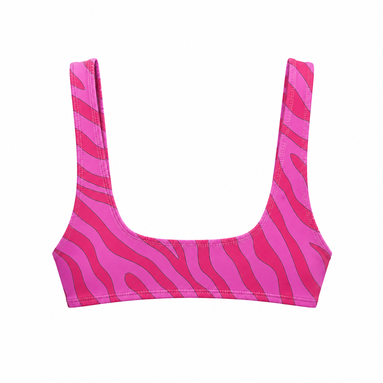 Pink and purple striped bikini top on a white background