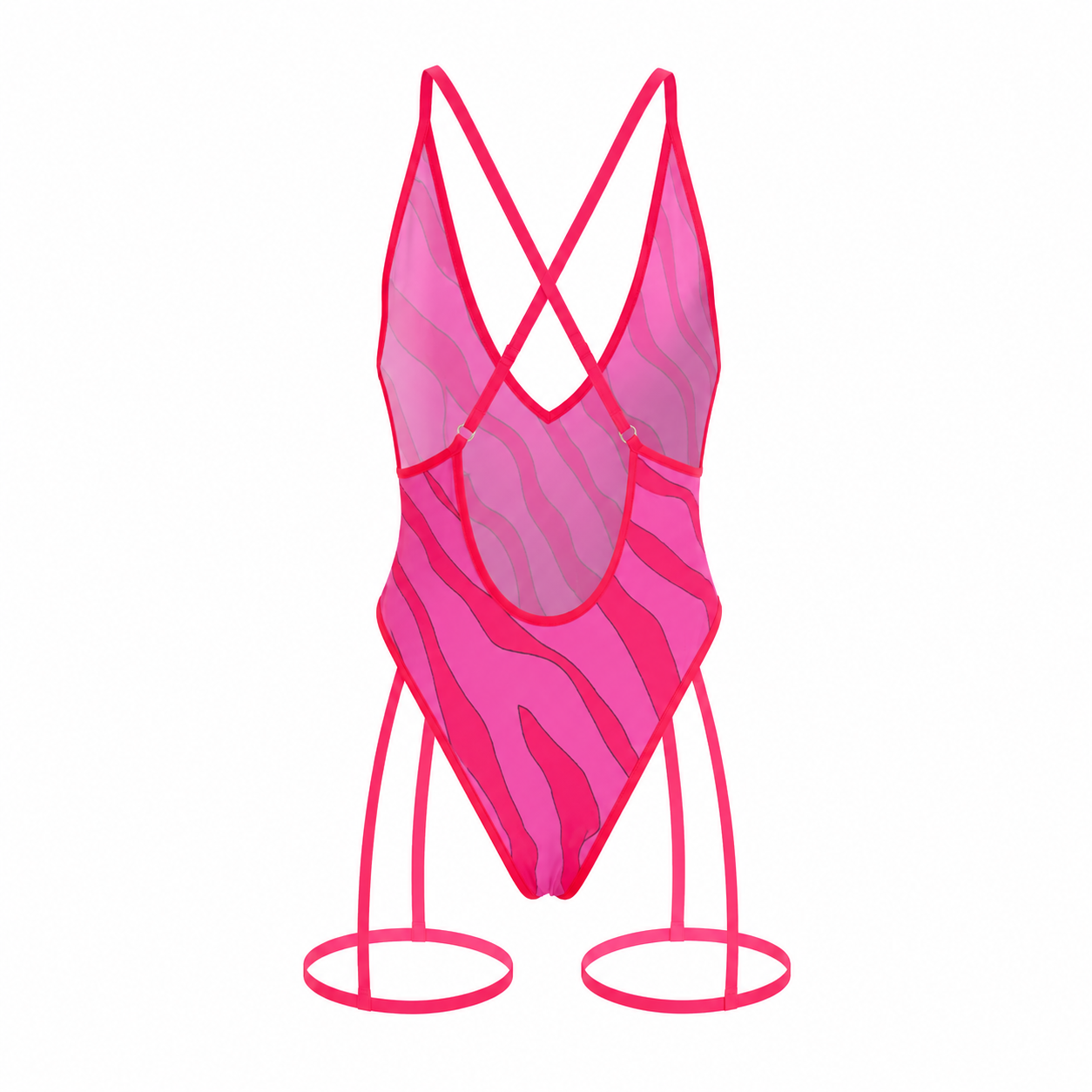 Pink swimsuit with criss-cross straps on a white background