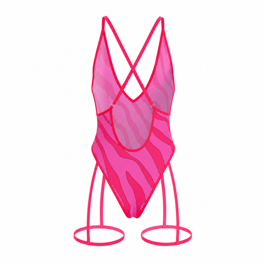 Pink swimsuit with criss-cross straps on a white background