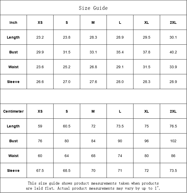 Size guide chart for clothing measurements in inches and centimeters.