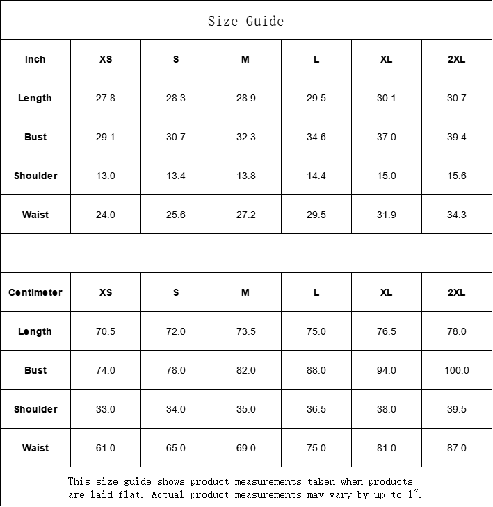 Size guide chart for clothing measurements in both inches and centimeters.