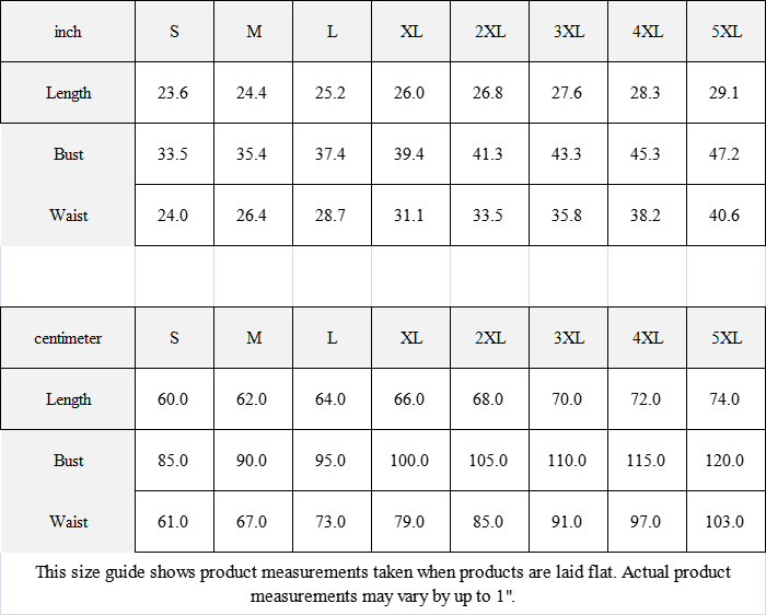 Size chart for clothing measurements in inches and centimeters with labeled columns and rows.