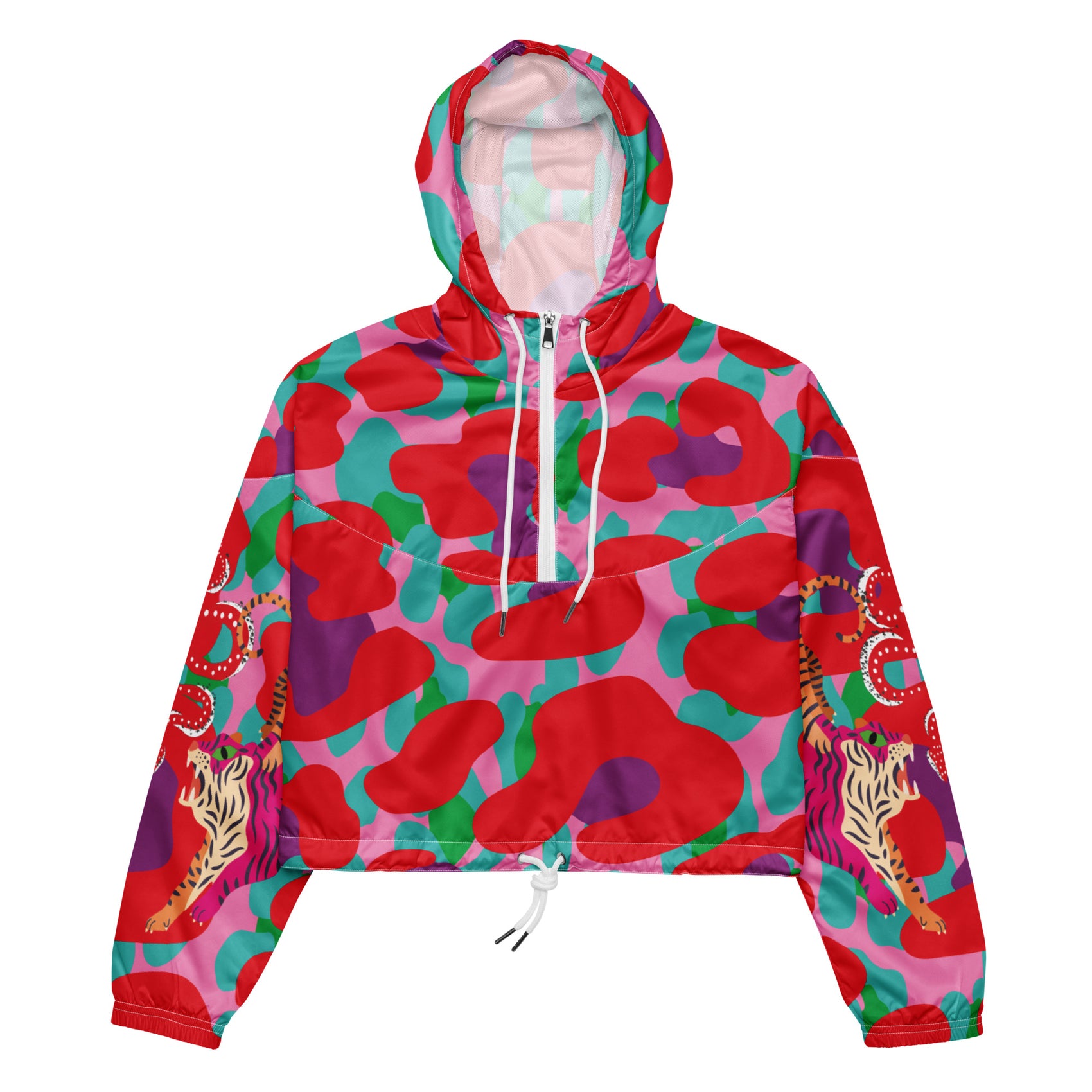 Colorful camouflage hoodie with animal prints on a white background