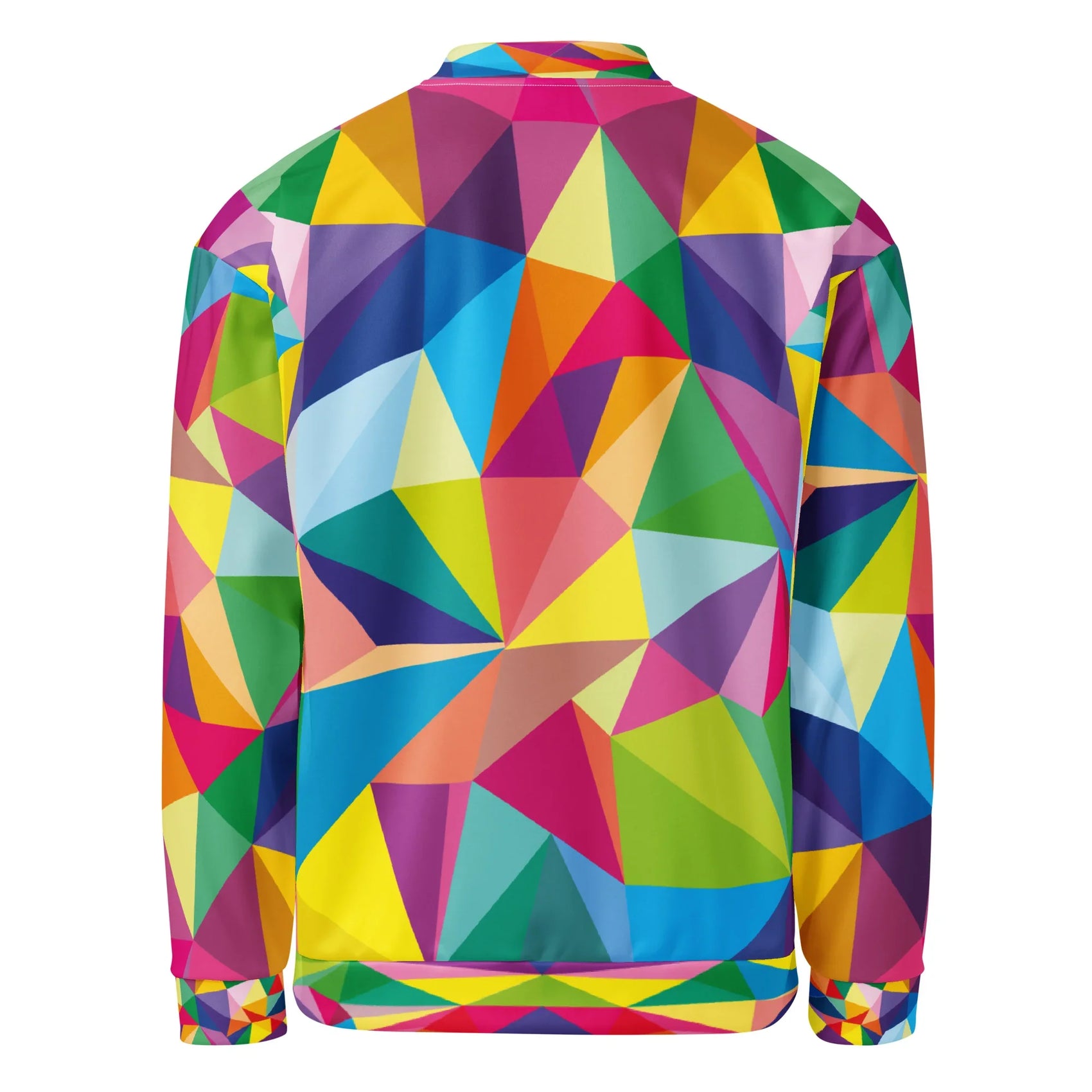 Back view of colorful all-over print unisex bomber jacket with geometric triangular pattern