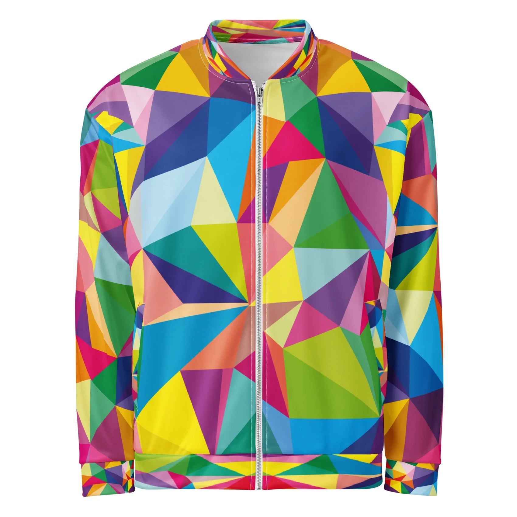 Colorful geometric pattern unisex bomber jacket with full front zipper and vibrant triangles